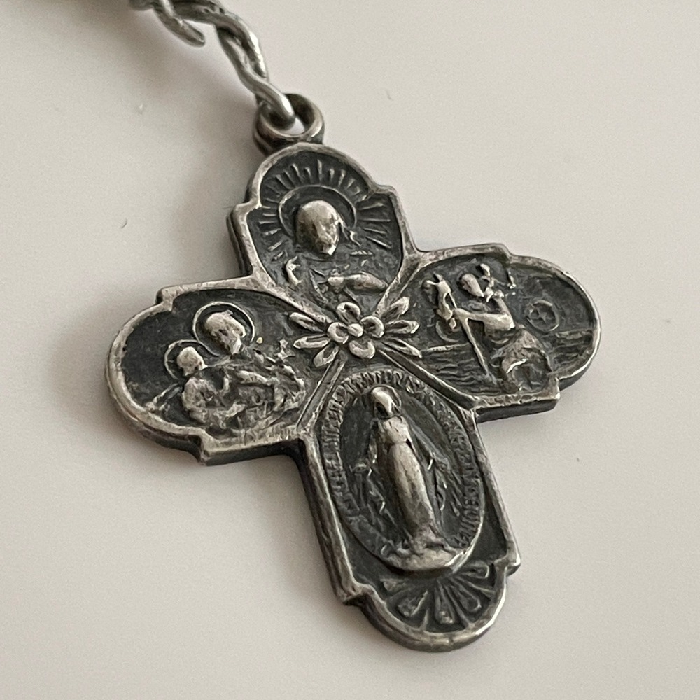 Sterling Silver 4-Way Catholic Cross Pendant Necklace I Am A Catholic Medal 13in